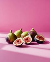 Fresh figs sliced on a pink backdrop with copy space image photo