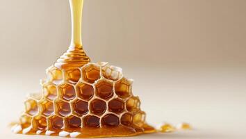 Honeycomb dripping with golden honey showcasing its intricate hexagonal structure photo
