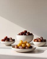 Dates arranged in various groups and bowls photo