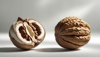 Two walnut halves showcasing front and back views with contrasting textures. photo