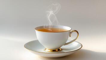 Tea in a white cup with gold rim on a matching saucer photo