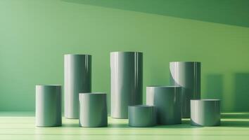 Green Background with Gray Cylindrical Display Stands photo