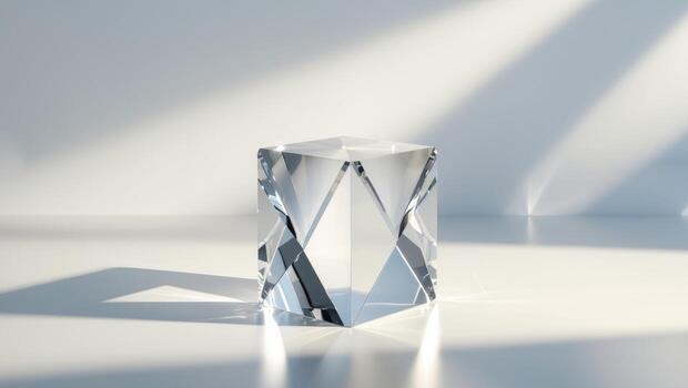 claro prisma cubo con reflexiones y suave sombra en ligero superficie. foto