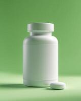White pill bottle mockup with a tablet on a green background photo
