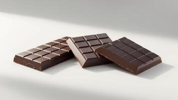 Three chocolate bars with perfectly scored squares ready to be broken and savored. photo