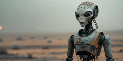 Weathered Alien Robot Stands In A Desolate Landscape. photo