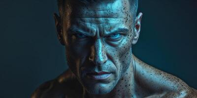 Intense Man with Speckled Face in Blue Light photo