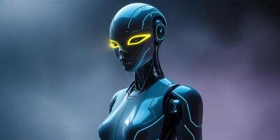 Futuristic robotic figure with glowing features in a dark environment showcasing advanced technology and design. photo