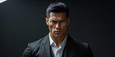 Confident Man in a Dark Studio Setting with a Serious Expression photo
