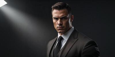 Confident Man in a Dark Studio Setting with a Serious Expression. photo