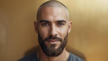 Man with a shaved head and a beard is standing in front of a gold background. photo