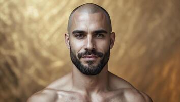 Man with a shaved head and a beard is standing in front of a gold background photo