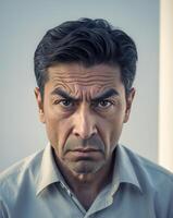 Man with worried face expression and many questions. photo