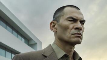 A man with a scowl on his face is standing in front of a building. photo