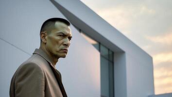 A man with a scowl on his face is standing in front of a building photo