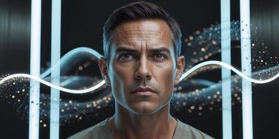 Man with Abstract Light Connection and Digital Particles Concept photo