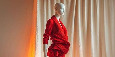 Mannequin displaying a striking red garment in a boutique illuminated by warm orange lighting creating an inviting atmosphere photo