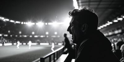 Spectator enjoying soccer match in silhouette. photo