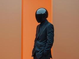 Man in a black helmet stands in front of a bright orange background photo