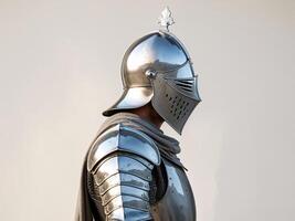 Medieval knight wearing helmet is preparing for battle. photo