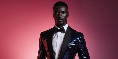 African male in sequin suit with bow tie in stylish red and pink lighting photo