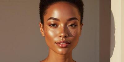 model showcasing natural makeup look with glowing skin and freckles. photo