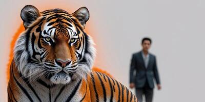 A tiger is shown in a movie poster with a man in the background photo
