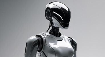 A robot is standing in front of a gray background photo