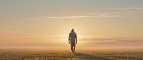 A man stands in the middle of a field at sunset photo