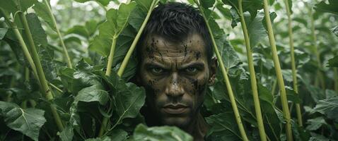 A man is hiding behind some plants photo