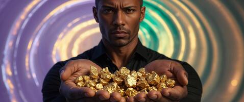 Man Holding Gold Nuggets with Shimmering Background of Wealth. photo