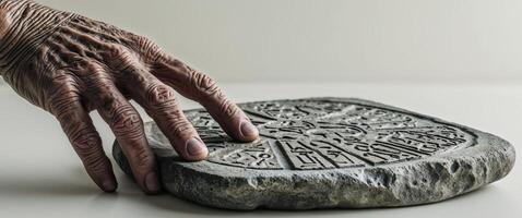 A weathered hand touches a stone tablet with ancient carvings photo
