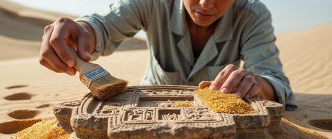 an archaeologist carefully brushing dust from an ancient carved artifact in the sand uncovering a historical discovery with great precision. photo