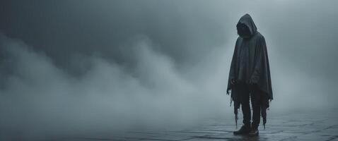 Mysterious Figure in a Hooded Cloak Amidst a Dark and Foggy Atmosphere photo