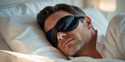 Mid adult man enjoying restful sleep with eye mask photo