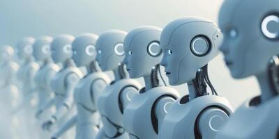 Group of white robots on road journey into the future of artificial intelligence photo