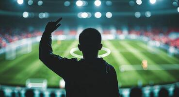 A man is raising his hand in front of a soccer stadium photo