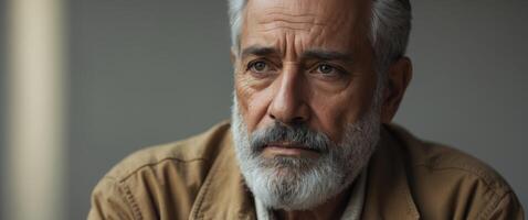 A man with a beard and a white beard looks to the side photo