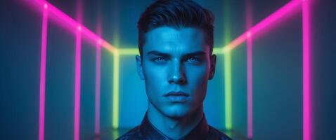 A man in a neon lighted room photo