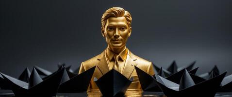 A golden statue of a man surrounded by paper boats photo