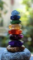 A stack of colorful stones sitting on top of a rock photo