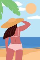 The figure of a woman in a swimsuit and hat back forward on the beach. A girl is resting on the seashore. flat graphics. vector