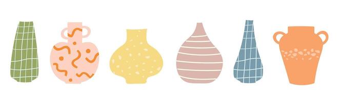 A set of abstract silhouettes of multi-colored vases with ornaments and drawings. flat graphics. vector