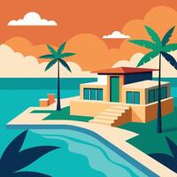 A house on an island with palm trees and water vector