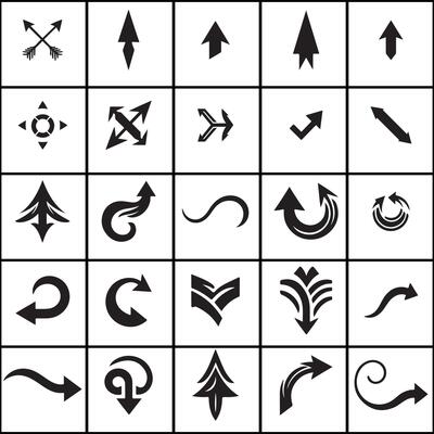 A set of arrows and arrows silhouette icons design on a white background