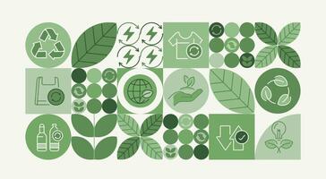 Recycling day. concept for world environment and sustainable development, recycling symbols, bins, plastic bottles, and carbon emission reduction. Illustrated with a green pattern natural shapes vector