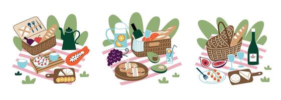 illustration set of three cozy picnic scenes with tablecloth, baskets with food, compositions with fresh fruits, sandwiches, cheese, wine, refreshing drinks. Spring and summer outdoor activity vector