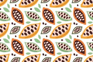 Seamless pattern with cocoa beans and leaves. Colorful tropical design for chocolate packaging, confectionery, eco food, or fabric print. illustration in flat doodle style, cacao fruit tiles vector