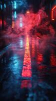 Urban alleyway illuminated by neon lights and rain creating a mysterious atmosphere at night photo