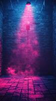 Neon-lit microphone standing alone in a misty, dark venue creating a dramatic atmosphere for a performance photo